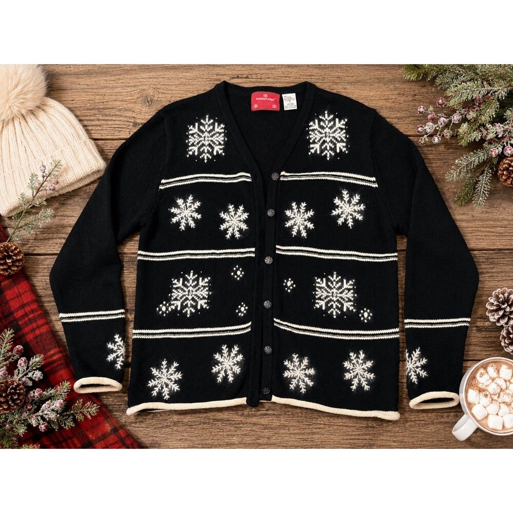 Vtg Christmas holiday Cardigan Sweater black Snowflakes Size large embroidered